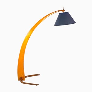 Mid-Century Rispal Style Curved Wood & Brass Floor Lamp from Valzania, 1940s-RD-1769614