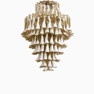 Mid-Century Round Ambra & White Murano Glass Chandelier, 1970s-UH-912517