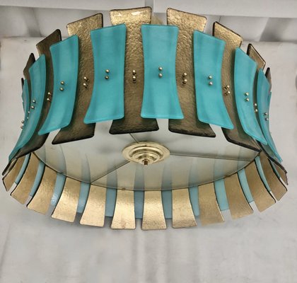 Mid-Century Round Aqua Green & Gold Murano Glass and Brass Chandelier, 1970s-UH-935733