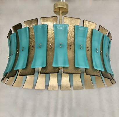 Mid-Century Round Aqua Green & Gold Murano Glass and Brass Chandelier, 1970s-UH-935733