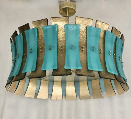 Mid-Century Round Aqua Green & Gold Murano Glass and Brass Chandelier, 1970s-UH-935733