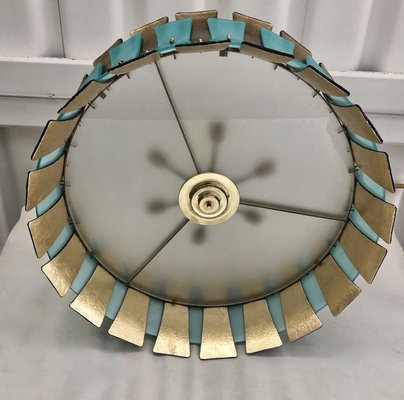 Mid-Century Round Aqua Green & Gold Murano Glass and Brass Chandelier, 1970s-UH-935733