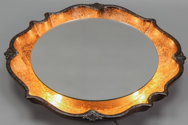 Mid-Century Round Backlit Brown Ceramic Wall Mirror from PAN Keramik, Germany, 1970s-KEG-1169032