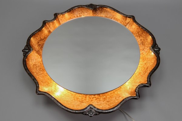 Mid-Century Round Backlit Brown Ceramic Wall Mirror from PAN Keramik, Germany, 1970s-KEG-1169032