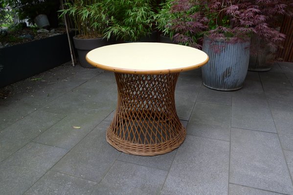 Mid-Century Round Bamboo and Wicker Garden Table with Yellow Top-VRE-694158