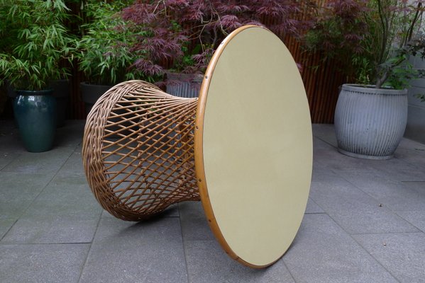 Mid-Century Round Bamboo and Wicker Garden Table with Yellow Top-VRE-694158