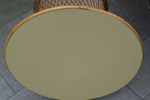 Mid-Century Round Bamboo and Wicker Garden Table with Yellow Top-VRE-694158