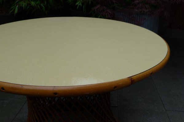 Mid-Century Round Bamboo and Wicker Garden Table with Yellow Top-VRE-694158