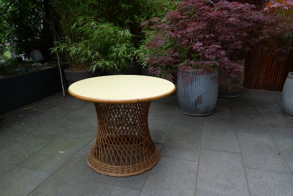 Mid-Century Round Bamboo and Wicker Garden Table with Yellow Top-VRE-694158