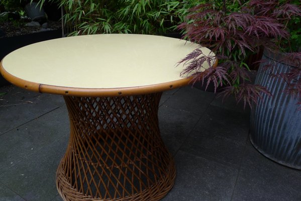 Mid-Century Round Bamboo and Wicker Garden Table with Yellow Top-VRE-694158