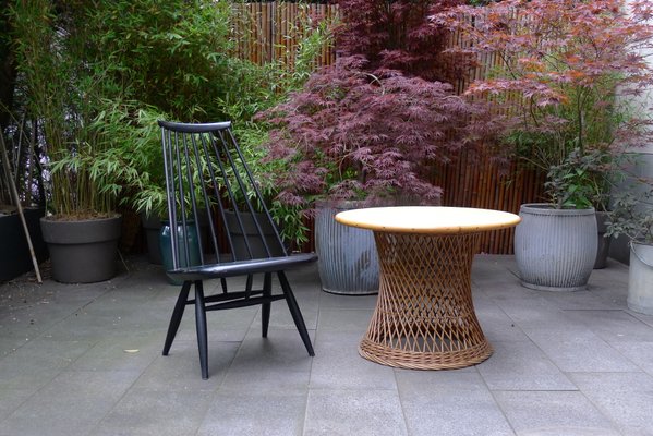 Mid-Century Round Bamboo and Wicker Garden Table with Yellow Top-VRE-694158