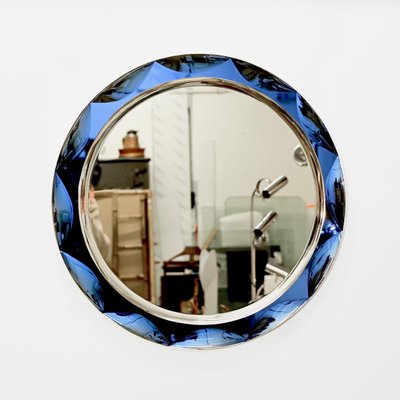 Mid-Century Round Blue Diamond Double Beveled Mirror attributed to Galvorame, Italy, 1970s-JDR-1798572