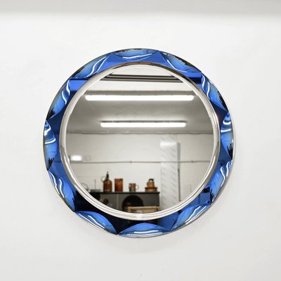 Mid-Century Round Blue Diamond Double Beveled Mirror attributed to Galvorame, Italy, 1970s-JDR-1798572