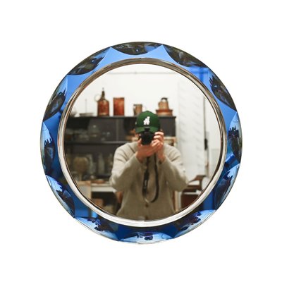 Mid-Century Round Blue Diamond Double Beveled Mirror attributed to Galvorame, Italy, 1970s-JDR-1798572