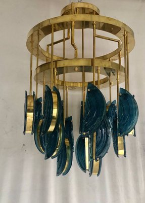 Mid-Century Round Blue Murano Art Glass and Brass Chandelier, 1970s-UH-947594