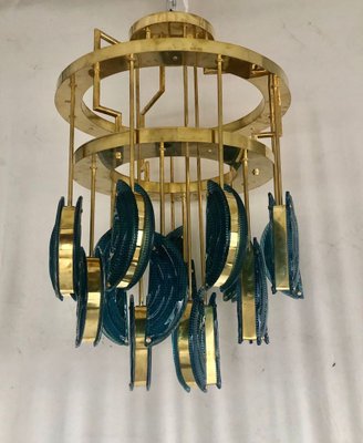 Mid-Century Round Blue Murano Art Glass and Brass Chandelier, 1970s-UH-947594