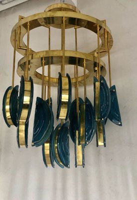 Mid-Century Round Blue Murano Art Glass and Brass Chandelier, 1970s-UH-947594