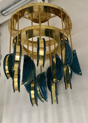 Mid-Century Round Blue Murano Art Glass and Brass Chandelier, 1970s-UH-947594