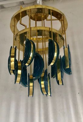 Mid-Century Round Blue Murano Art Glass and Brass Chandelier, 1970s-UH-947594