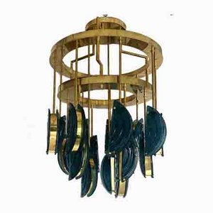 Mid-Century Round Blue Murano Art Glass and Brass Chandelier, 1970s-UH-947594