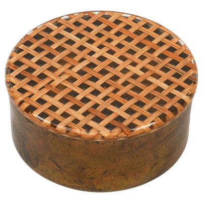 Mid-Century Round Box in Brass, Acrylic Glass and Rattan in the style of Christian Dior, Italy, 1970s-LYQ-1757610