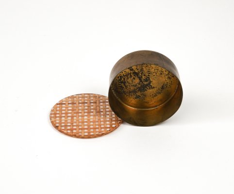 Mid-Century Round Box in Brass, Acrylic Glass and Rattan in the style of Christian Dior, Italy, 1970s-LYQ-1757610