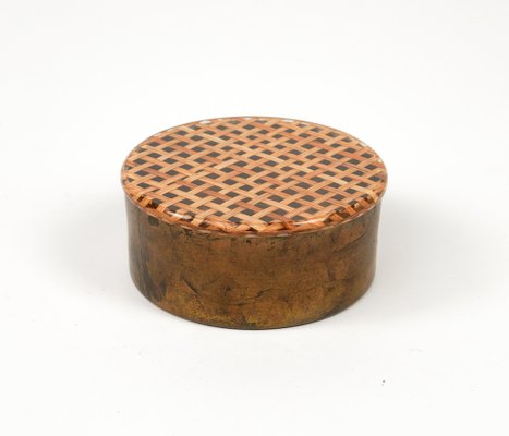 Mid-Century Round Box in Brass, Acrylic Glass and Rattan in the style of Christian Dior, Italy, 1970s-LYQ-1757610