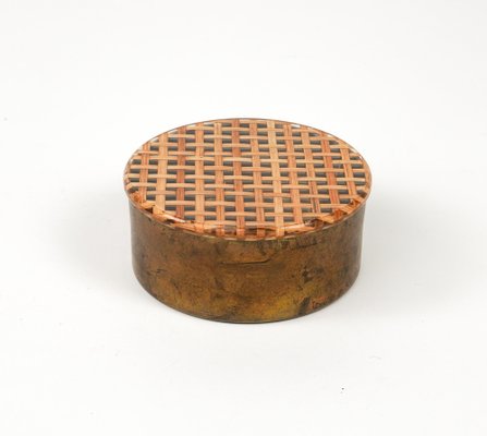 Mid-Century Round Box in Brass, Acrylic Glass and Rattan in the style of Christian Dior, Italy, 1970s-LYQ-1757610