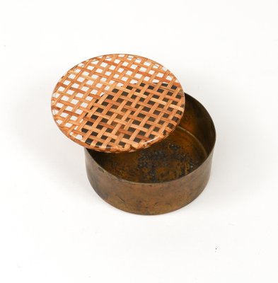 Mid-Century Round Box in Brass, Acrylic Glass and Rattan in the style of Christian Dior, Italy, 1970s-LYQ-1757610