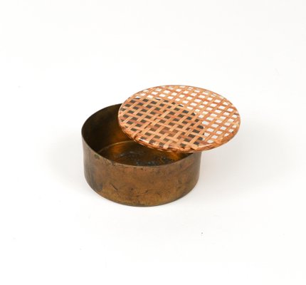 Mid-Century Round Box in Brass, Acrylic Glass and Rattan in the style of Christian Dior, Italy, 1970s-LYQ-1757610