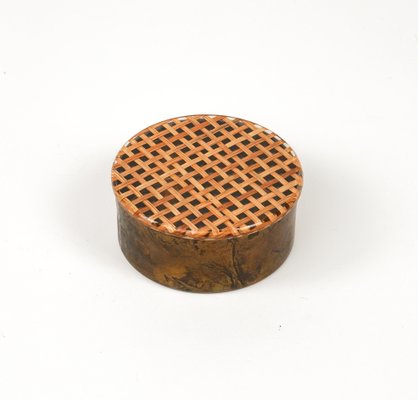 Mid-Century Round Box in Brass, Acrylic Glass and Rattan in the style of Christian Dior, Italy, 1970s-LYQ-1757610