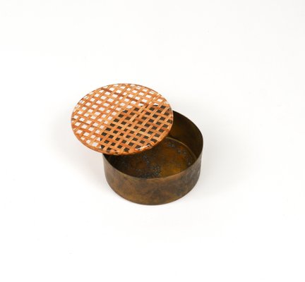 Mid-Century Round Box in Brass, Acrylic Glass and Rattan in the style of Christian Dior, Italy, 1970s-LYQ-1757610