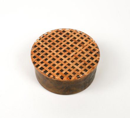 Mid-Century Round Box in Brass, Acrylic Glass and Rattan in the style of Christian Dior, Italy, 1970s-LYQ-1757610