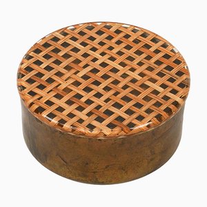 Mid-Century Round Box in Brass, Acrylic Glass and Rattan in the style of Christian Dior, Italy, 1970s-LYQ-1757610