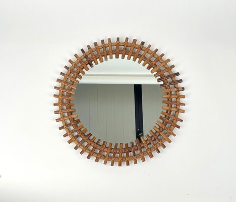 Mid-Century Round Rattan & Bamboo Sunburst Wall Mirror, Italy, 1960s-LYQ-1267689