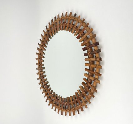 Mid-Century Round Rattan & Bamboo Sunburst Wall Mirror, Italy, 1960s-LYQ-1267689