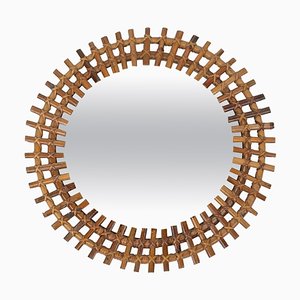 Mid-Century Round Rattan & Bamboo Sunburst Wall Mirror, Italy, 1960s-LYQ-1267689