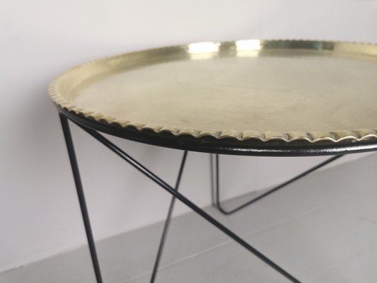 Mid-Century Round Tripod Brass Coffee Table with Black Metal Base, 1950s-PRS-845168