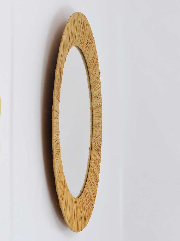 Mid-Century Round Wall Mirror with Raffia Bast Frame, France, 1950s