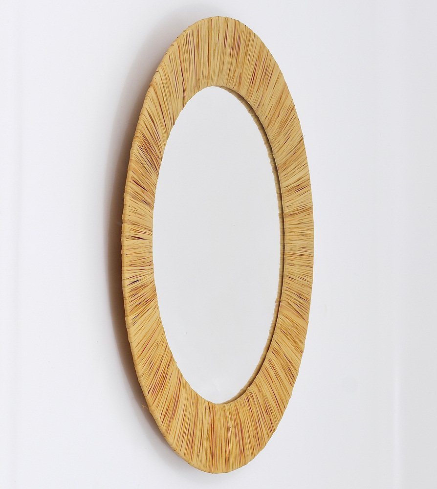 Mid-Century Round Wall Mirror with Raffia Bast Frame, France, 1950s