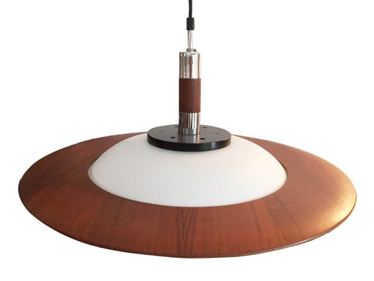 Mid-Century Round Wood, Opaline Glass, and Polished Steel Pendant Lamp, 1950s-GGK-658767