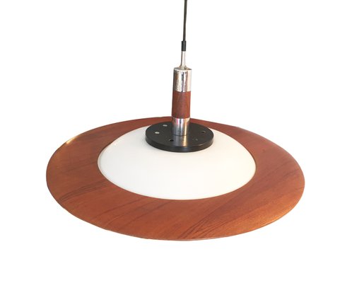 Mid-Century Round Wood, Opaline Glass, and Polished Steel Pendant Lamp, 1950s-GGK-658767