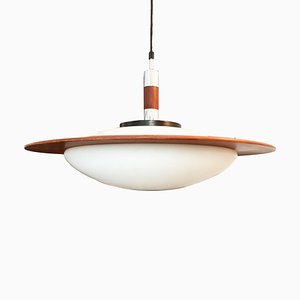 Mid-Century Round Wood, Opaline Glass, and Polished Steel Pendant Lamp, 1950s-GGK-658767