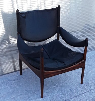 Mid-Century Scandinavian Armchair with Rosewood Frame and Black Leather, 1960s-HOI-1235732