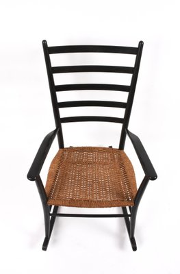 Mid-Century Scandinavian Black Wood Rocking Chair with Rope Seat, 1950s-JDR-1125863