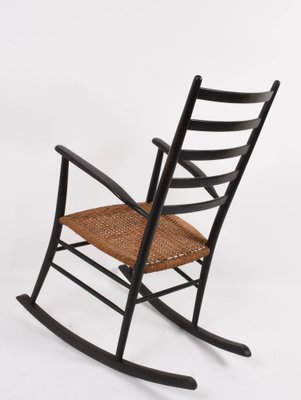 Mid-Century Scandinavian Black Wood Rocking Chair with Rope Seat, 1950s-JDR-1125863