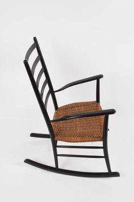 Mid-Century Scandinavian Black Wood Rocking Chair with Rope Seat, 1950s-JDR-1125863