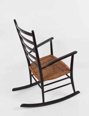 Mid-Century Scandinavian Black Wood Rocking Chair with Rope Seat, 1950s-JDR-1125863