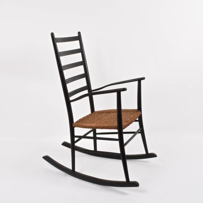 Mid-Century Scandinavian Black Wood Rocking Chair with Rope Seat, 1950s-JDR-1125863