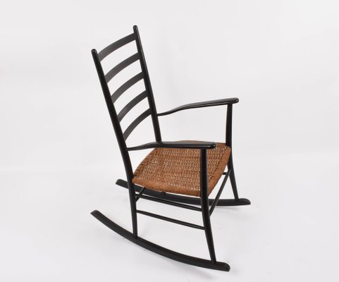 Mid-Century Scandinavian Black Wood Rocking Chair with Rope Seat, 1950s-JDR-1125863